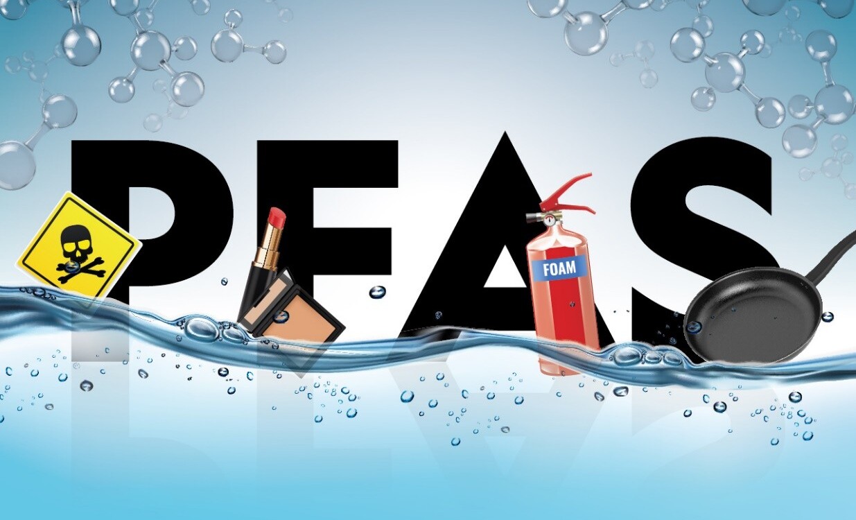 "Imagem ilustrativa mostrando exemplos de produtos na indústria de alimentos que podem conter PFAS, como embalagens de alimentos e equipamentos de processamento, destacando os riscos associados à contaminação por essas substâncias."