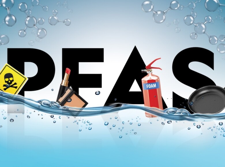 "Imagem ilustrativa mostrando exemplos de produtos na indústria de alimentos que podem conter PFAS, como embalagens de alimentos e equipamentos de processamento, destacando os riscos associados à contaminação por essas substâncias."