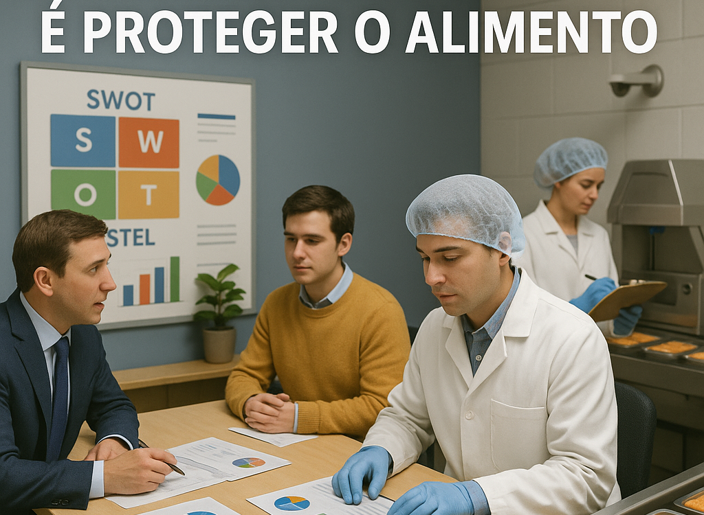 Profissionais da indústria alimentícia realizando análise estratégica com gráficos SWOT e PESTEL ao lado de uma linha de produção, representando a conexão entre contexto organizacional e segurança dos alimentos.