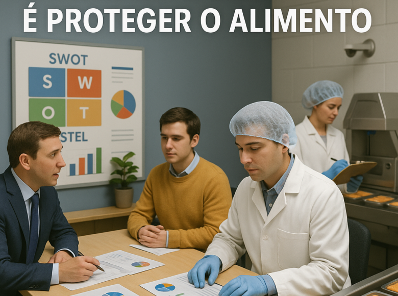 Profissionais da indústria alimentícia realizando análise estratégica com gráficos SWOT e PESTEL ao lado de uma linha de produção, representando a conexão entre contexto organizacional e segurança dos alimentos.